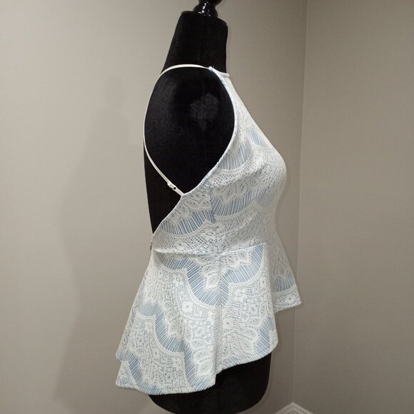 MYSTIC HALTER NECK BACKLESS PEPLUM TOP LIGHT BLUE AND WHITE SZ M - Picture 2 of 6